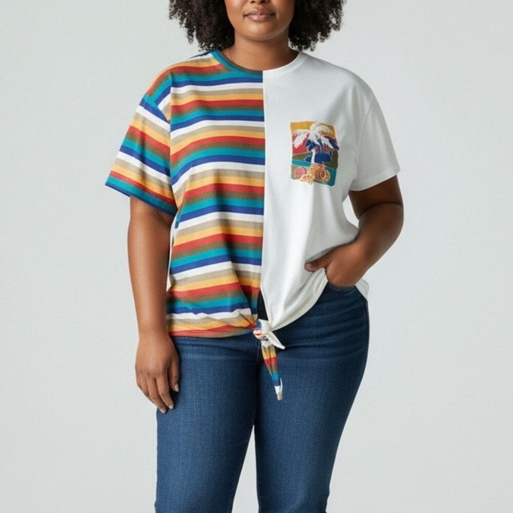 Season Ticket II Vintage Rainbow Stripe Graphic Tee Tie Front Top XL